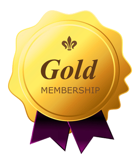 Graphic of a gold badge that says gold membership with a purple ribbon