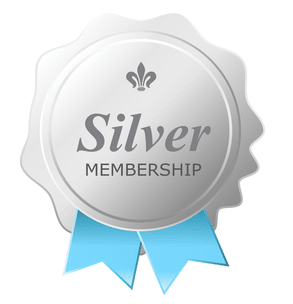 Graphic of a silver badge that says silver membership and has a light blue ribbon